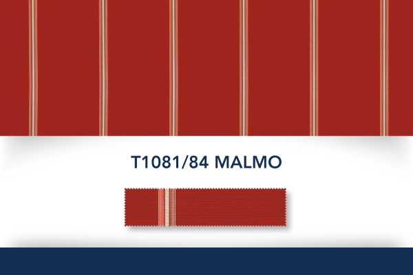 Red fabric with vertical beige stripes and small white lines, labeled „T1081/84 MALMO” below a fabric swatch with the same pattern.